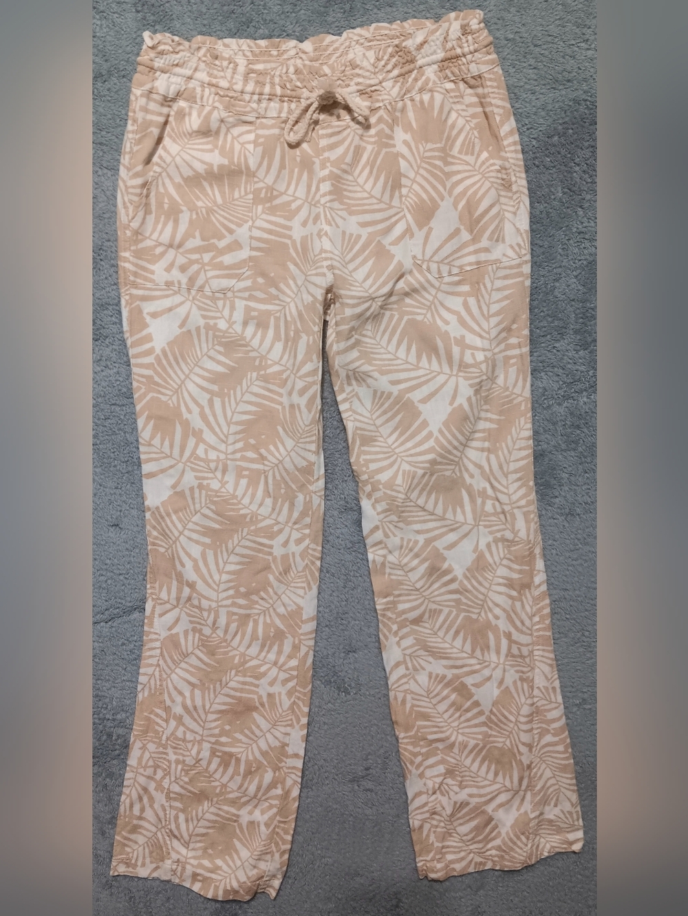 Linen Blend Small Straight Leg Tropical Print Drawstring Pants Beige & White
